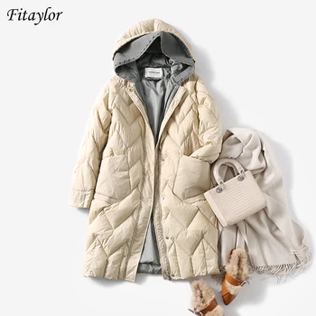 Fitaylor Zimné 90% Biele Kačacie Nadol Dlhá Srsť Pletenie Spájaní S Kapucňou Teplá Bunda Farbou Puffer Kabát Príležitostné Voľné Outwear