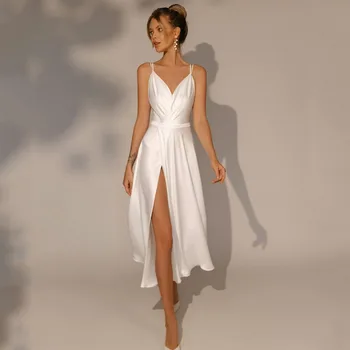 Biele Svadobné Šaty 2022 Kvalitný Satén V Krku Krátke Svadobné Šaty Riadok Špagety Popruhy Backless Sexy Svadobné Šaty pre Strany