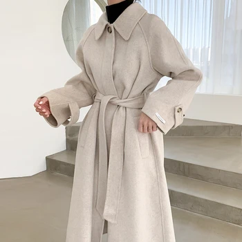2021 Ženy Zimné Štíhle Dlhé Vlny Kabát s Pásom Singel svojim Vintage Vlnené Kabát Žena vrchné oblečenie Farbou