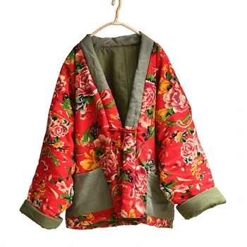 V zime Teplé Kimono Žena Znásobí Čínsky Štýl Neforemné vrchné oblečenie Vintage Bavlnená posteľná Bielizeň Čalúnená Coats Voľné tlač Kabát