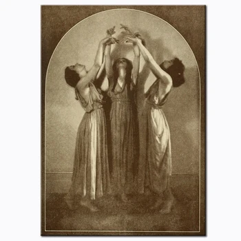Tri Čarodejnice Retro Plátno Na Maľovanie Anqitue Wall Art Print Ženy Tanec Wicca Pohanské Kúzelníčka Kňažky Coven Čiar Seance 0