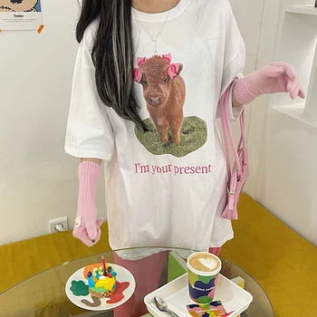 Bavlna Krátky Rukáv T-Shirt Ženy Roztomilý Teľa Luk List Tlač Voľné Kolo Krku Kórejský Tees Móda Letné Top 0