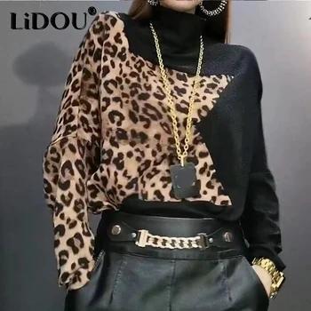 Jar, Jeseň Y2K Módne Patchwork kórejský T-shirts Ženy Trend Tielko Turtleneck Elegantný Top Leopard Tlač Turtleneck Oblečenie