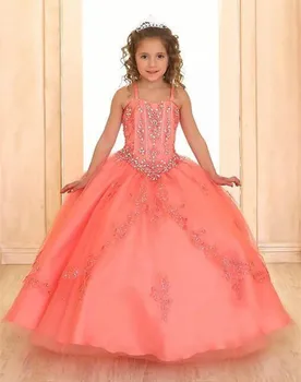 Sprievod Coral Korálkové Party oblečenie pre Deti, plesové Šaty, Špagety Popruh Backless Lesklé Luxusné Crystal Princess Kvet Dievčatá Šaty