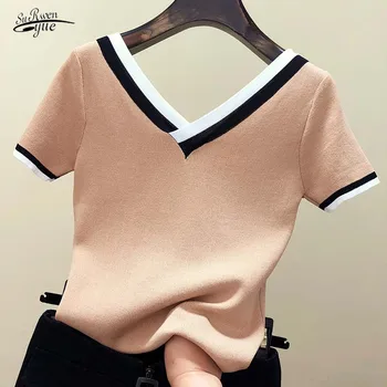 Krátke puzdre tričko dámske kontrast farieb prekladané zrastov tvaru 2021 letné top dámske oblečenie Femme 13362