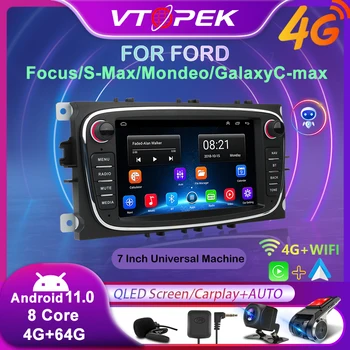Vtopek Auta GPS rádio, Android 11 multimediálny prehrávač, Carplay, Video, QLED, 2 DIN, Pre Ford Focus Mondeo, S-Max, Kuga, Galaxy, C-Max