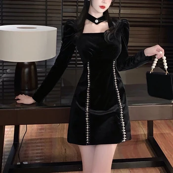Sexy Black Velvet Mini Šaty Elegantné Ženy Duté Sa Diamond Večer Party Šaty Vintage Bežné Štíhla Gotická Jeden Kus oblečenia Y2K