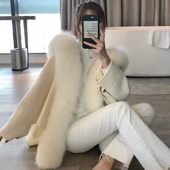 Móda Bat Štýl Teplé Cashmere Vlny Kabát s Reálnymi Fox Kožušiny obojstranné Pribrala Trendy Ženy Zimné Oblečenie 2020