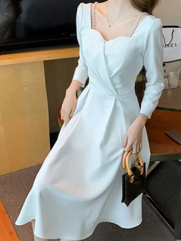 Móda Elegantné Bežné Midi Ženy Jeseň Biele Šaty Vintage Štíhly A-Line Strán Black Vestidos Femme Francúzsky Štýl Prom Šaty