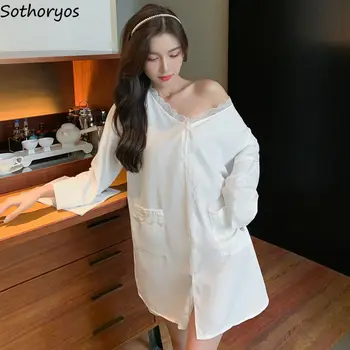 Biela Nightgowns Ženy Dizajnu Krajky tvaru Singel svojim Mini Nightdress Sexy Sleepwear Priedušná Dlhý Rukáv Sleepshirts Lady