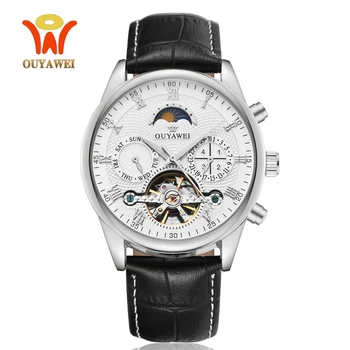 OUYAWEI Automatické Muži Mechanické Náramkové hodinky montre homme Kožený opasok, Klasické Luxusné Biela Kostra Tourbillon muž Hodinky