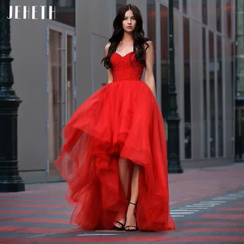 JEHETH Luxusný Sexy Červené Šaty Ples Pre Ženy Špagety Popruh tvaru Strany High-Low Tylu Elegantné Formálne Šaty 0