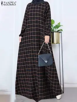 ZANZEA Ženy Vintage Koberčeky Skontrolovať Sundress Bežné Jeseň Dlhý Rukáv Dubaj Turecko-Islamské Oblečenie Župan Femme Abaya Hidžáb Oblečenie 0