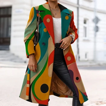 Jeseň Klope Dlhý Rukáv Pribrala Bundy Zimné Ženy Streetwear Kabát Vintage Vzor Vytlačené Singel Svojim Vlnené Kabát