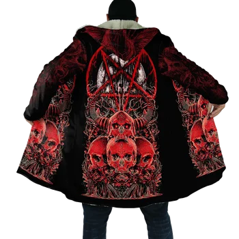 2021 Zimné Pánske Plášť Satanic Lebka Červená Tetovanie 3D full Tlač Fleece Kapucňou Kabát Unisex Bežné Hrubé Teplé Cape kabát PF50