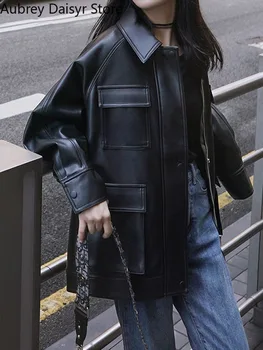 Jeseň Streetwear Čierna Kožená Bunda Ženy High Street Harajuku Zips, Kožené Moto Bunda Príležitostné Voľné Nadrozmerná Teplý Kabát Y2k