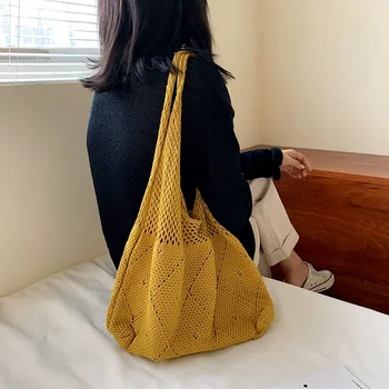 Ručné Lady Retro Chic Háčkované Kabelky 2021 kórejský Módne Pletené Šnúrky Duté Black Yellow Top-rukoväť Tote Bag shopper vak