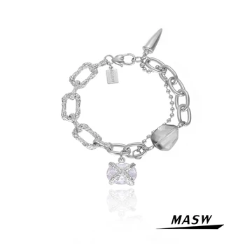 MASW Originálne Šperky Mosadz Kovové Reťaze Náramok 2021 Nový Trend Jednu Vrstvu Geometrické Sklo AAA Zirkón Prívesok Náramok Pre Ženy