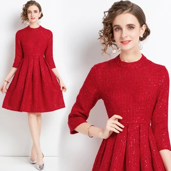 Francúzsky tweed červené malé červené sukne sequin vlnené dámske šaty HL89150100