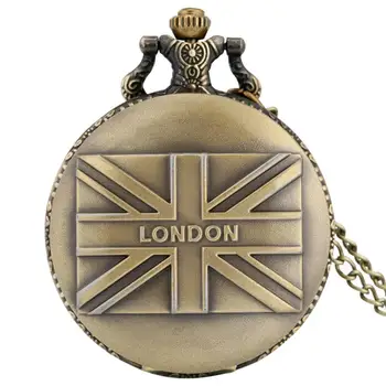 Retro britskej Vlajky Displej Bronz LONDÝNE Britskou Vlajkou Vzor Ženy Muži Quartz Vreckové Hodinky Vintage Reťaze, Hodinky Masculino Dary