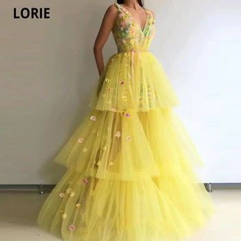 LORIE 3D Kvety Žlté Šaty Ples Long Double V Krku bez Rukávov Viazané Formálne Večerné Party Šaty A-line Pláži Princezná Šaty