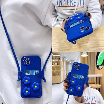 3D peňaženky ozdobná šnúrka na uniforme Roztomilý Kreslený Klein Modrý Kvet Soft Telefón puzdro Pre iphone 13 12 11 Pro Max Kryt Pre iphone X XR XS 7 8 Plus