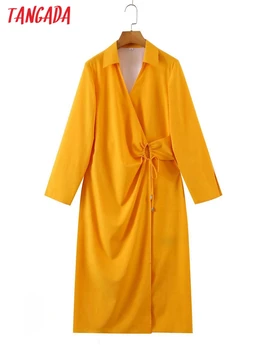 Tangada 2022 módne ženy oranžové tričko šaty s lukom vintage dlhý rukáv office dámy midi šaty SL155