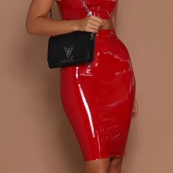 Black Office Slim Krátke Sukne 2021 Latex Sukne Ženy Sexy Mini Mujer Elegantné Bodycon Vysoký Pás Ceruzka PU Patent Kožené Sukne
