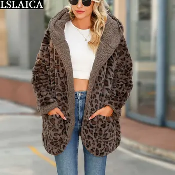 Obojstranné Plyšové Ženy Top Teplé Dámske Vrchné Oblečenie Leopard Streetwear Vrecká Zimné Žena Kabát 2022 Luxusné Cardign Jeseň Oblečenie 0