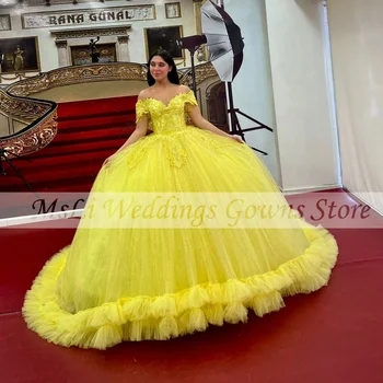 Luxusný Žltý Quinceanera Šaty Pre Mexiko Dievčatá Appliques Korálky Korzet bez Ramienok Princezná guľové Šaty 15 vestidos de fiesta