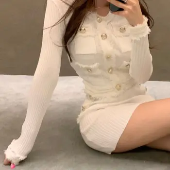 Jeseň kórejský Dva-kus Ženskej Strapec Vrecku Retro Kovové Tlačidlo Pletené Top + Sexy Mini Tesný Sukne Oblek 1