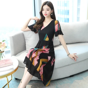 Letné Vintage Kvetinový Šifón Midi Sundress 2022 kórejskej Ženy Boho Plážové Šaty Strany Bežné Bodycon Sexy tvaru Večer Vestidos 1
