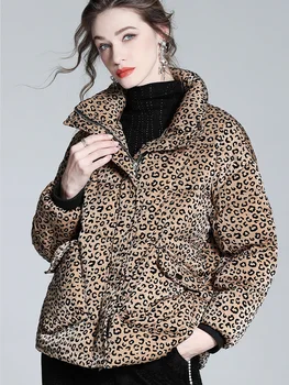 2022 Najnovší Luxusný Zimný Loose Fit Puffer Bunda Ženy Leopard Tlač Krátke Bežné Zips Zahustiť Teplé 90% Biele Kačacie Nadol Kabát 1