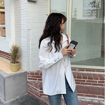 QWEEK Elegantná, Ženská Blúzka Harajuku Office Nosiť Ženy Biele Tričko Voľné kórejský Štýl Dosť Dlhý Rukáv Zip Top Up Bežné Trend 1