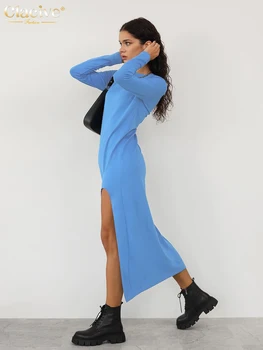 Clacive Príležitostné Voľné Modré dámske Šaty 2022 Módne O-Krk Dlhý Rukáv Midi Šaty Elegantné Jednoduché Pletené Štrbinou Ženské Šaty 1