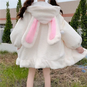 Japonský Cute Girl 's Kawaii Bundy Králičie Uši Velvet Pribrala Cashmere Sveter Žien Roztomilé Mäkké Dievča Kabát na Jeseň Zima 1