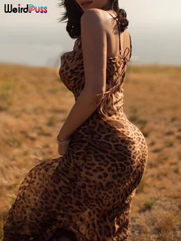 Divný Puss Leopard Večerné Šaty Žien Backless Duté Čipky Maxi Úsek Chudý Bez Rukávov Coquette Sundress Dovolenku Oblečenie 1
