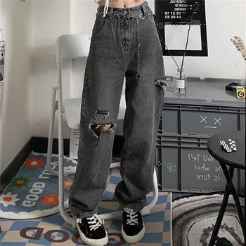 Vintage Streetwear Ženy Džínsy Harajuku Vysoký Pás Otvor Džínsové Nohavice Žena Kórejský Módne Nohavice Grunge, Punk Gotický 1