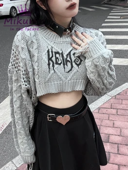 Harajuku Y2k Punk Rock Čierna Sivá Lettert Vytlačené Krátke Sveter dámske Dlhý Rukáv Gotický Streetwear O-krku Sveter Knitwear 1