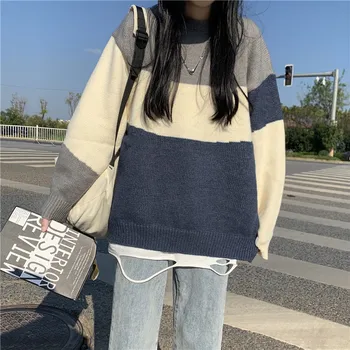 Japonský Pruhované Farby-Blokovanie Pletený Sveter Ženy Oblečenie 2020 Kórejský Módne Vintage Pulóver Zimné Goth Estetické Jumper 1