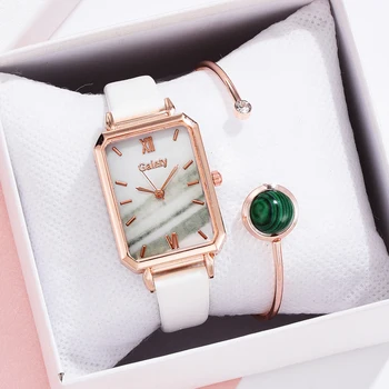 2KS /Set Módy Zelené Námestie Dial Kožený Opasok Quartz Hodiny Dámske Náramkové hodinky Žena Elegantný Náramok Hodiniek Nastaviť Reloj Mujer 1