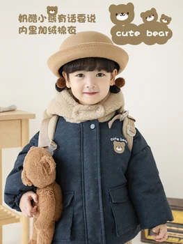 Dievčenské Zimné Kapucňou Bavlnené Oblečenie Cartoon Medveď Výšivky 2022 Nové Dieťa Kontrast Farieb Teplý Kabát Trend 1