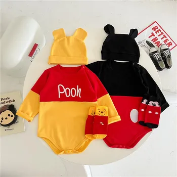 Zadarmo klobúky, 0-2 rok staré detské oblečenie, na jar a na jeseň trojuholník taška prd romper, cartoon žltá medveď, česanej bavlny romper 1