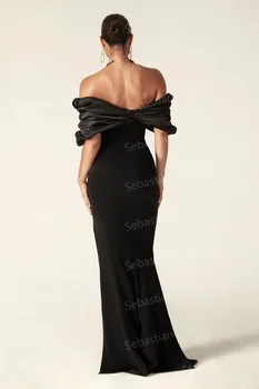Čierne Jednoduché Elegantné Morská Víla Večerné Šaty Saténové Skladaný Mimo Ramenný Split Ženy Formálny Ples Sprievod Šaty Na Zákazku 1