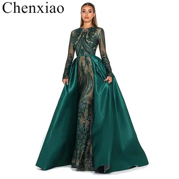 Chenxiao Zelená Dlhý Rukáv Večerné Šaty Elegantné Moslimských Odnímateľný Vlak Sequin Bling Marocký Kaftan Formálnej Strany Šaty 1