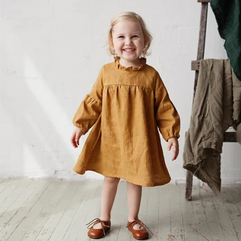 Jeseň Batoľa Detský Baby Girl Dress Pastoračnej Štýl Volánikmi Dlhý Rukáv Pevné Bavlnená posteľná Bielizeň Strany Ležérne Oblečenie detské Oblečenie 1