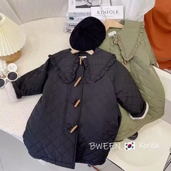 Dievčatá Kabát, Bundu Bavlna Outwear Vetru 2022 Vintage Teplé Zahustiť Velvet Zimné detské Oblečenie 1