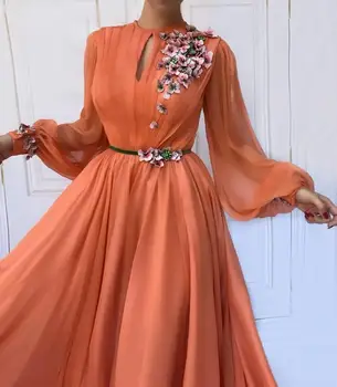 Moslimské Orange Dlhé Rukávy Kvety Večerné Šaty A-Line Šifón Islamskej Saudskej Arabčina Prom Šaty Župan De Soiree Vestidos De Gala 1