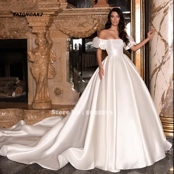 2021 Elegantné Ramena Saténové Svadobné Šaty Krátke Nafúknuté Rukávy-Line Princezná Svadobné Šaty S Vlakom Vestido De Novia 1