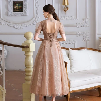 SSYFashion Nové Večerné Šaty pre Ženy Banquet Elegantnej Čipky Lištovanie Lístkového Rukáv Čaj-dĺžka Strany Formálne Šaty Vestidos De Noche 1